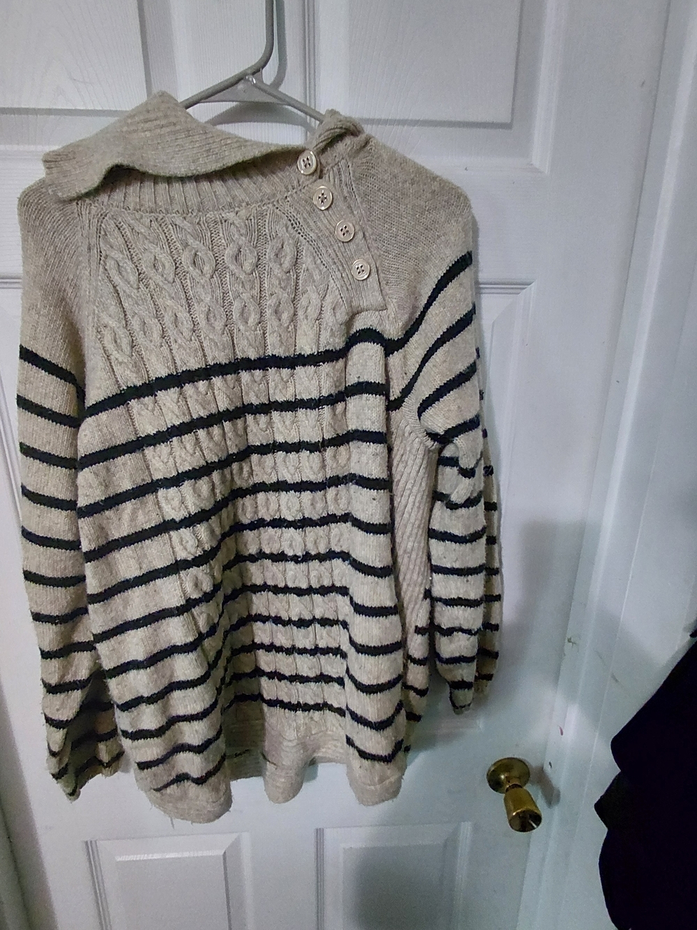 croft & barrow Cream Sweater with Black Stripes and Button Shoulder